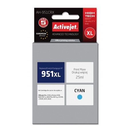 Activejet AH-951CRX tindikassett (asendus HP 951XL CN046AE; premium; 25 ml; tsüaan)