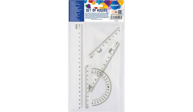 Koolikomplekt (joonlaud 20cm, kolmnurgad 45` ja 60`, mall) läbipaistev, Centrum