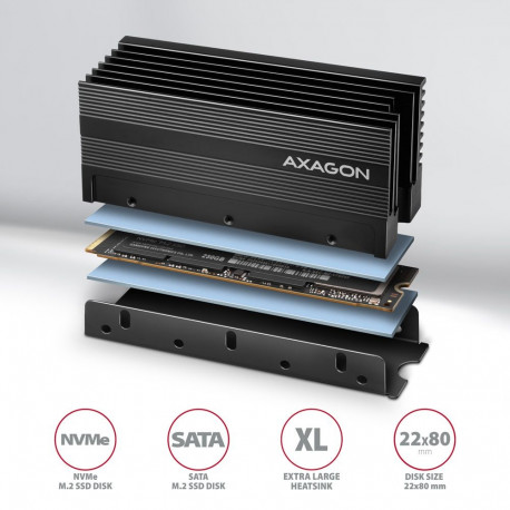 AXAGON passiivne alumiiniumist jahutusradiaator ühepoolsetele ja kahepoolsetele M.2 SSD ketastele, s