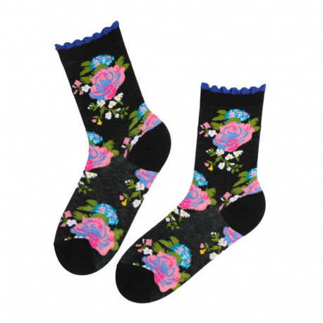 SOKISAHTEL FLOWER musta värvi lillelised puuvillased sokid 444