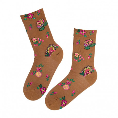 SOKISAHTEL FLOWER pruunid lilledega puuvillased sokid