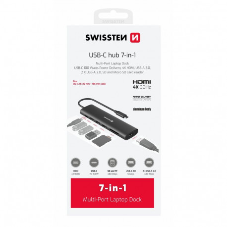 Swissten sülearvuti dokkimisjaam USB-C Hub 7in1 USB-C 100W HDMI 4K USB-A 3.0 2x USB-A 2.0 SD MicroSD