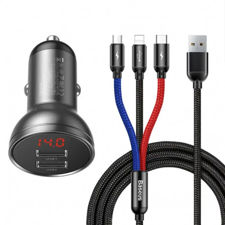 Baseus Car Charger with display 24W + Cable USB 3in1 Baseus Three Primary Colors 1,2m