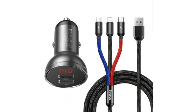 Ładowarka samochodowa Baseus z wyświetlaczem 24W + kabel USB 3w1 Baseus Three Primary Colors 1,2m