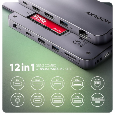 AXAGON USB-C 10Gbps GEN2COMBO 12in1 jaotur | HMC-12GM2