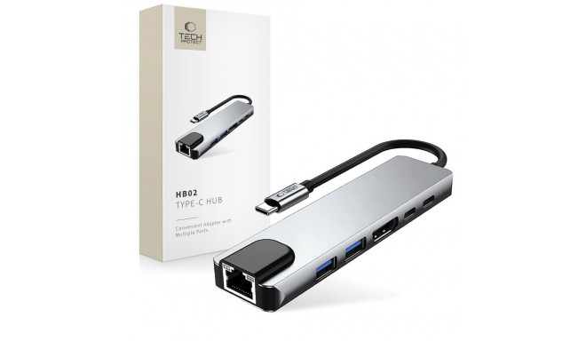 Tech-Protect USB-C hub HB02 6in1 USB-C/USB2.0/USB3.0/HDMI 4K 30HZ/RJ45/PD100W, space grey