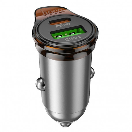 Car charger Hoco USB A + USB C QC3.0 PD 3A 43W + cable USB C to Lightning NZ16A metal gray