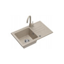 BEN 111 sink, granite sink, river sand, 70x44, with a beige tap, fixed spout, steel siphon and cap