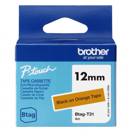 Kleepkirjalint Brother BTAG-T31 oranž, must tekst, laius 12mm mudelitele PT-N10, N20, N25