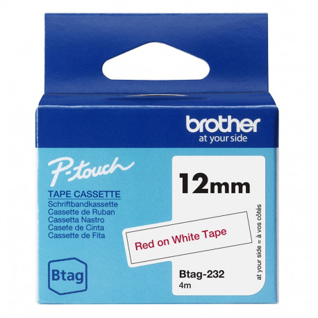 Kleepkirjalint Brother BTAG-232 valge, punane tekst, laius 12mm mudelitele PT-N10, N20, N25