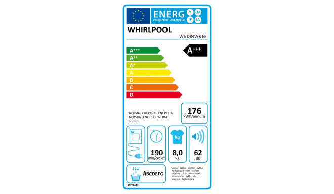 Whirlpool Dryer Machine with Heat Pump | W6 D84WB EE | Energy efficiency class C | Front loading | 8