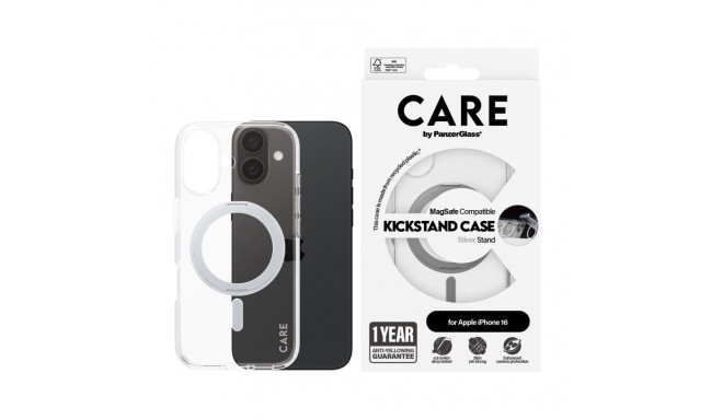 PanzerGlass CARE by ® Feature Case läbipaistev hõbedase tugijalaga ja MagSafe iPhone 16