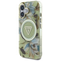 Guess Glitter Flowers Triangle Buttons MagSafe case for iPhone 16 green