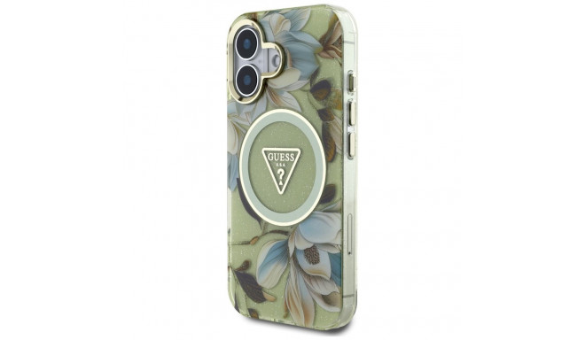 Guess Glitter Flowers Triangle Buttons MagSafe ümbris iPhone 16-le roheline