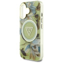 Guess Glitter Flowers Triangle Buttons MagSafe case for iPhone 16 green