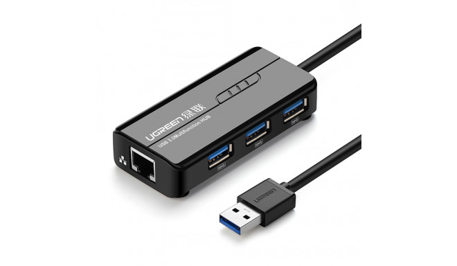 Ugreen 20265 USB-A | RJ45 1000 Mbps HUB 3x USB 3.0 võrguadapter - must