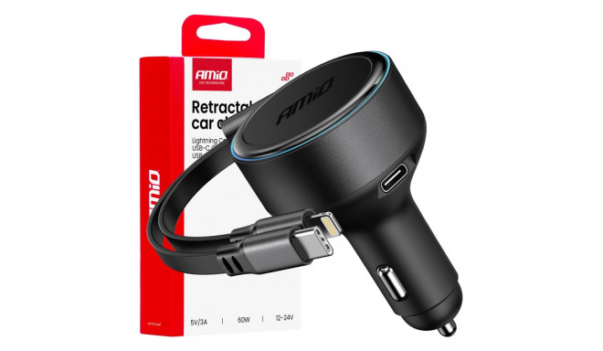 "autolaadija kokkurullitava kaabliga tüüp c + lightning iphone + usb-c 12v 24v 60w amio-04370"