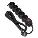 Przedłużacz 5-krotny 2P+Z, z wyłącznikiem, 5m H05VV-F 3x1,5mm2, Imax=16A, płaska wtyczka, czarny Przedłużacz 5-krotny 2P+Z, z wyłącznikiem, 5m H05VV-F 3x1,5mm2, Imax=16A, płaska wtyczka, czarny