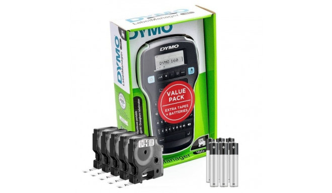 DYMO LabelManager 160 uzlīmju printeris (S0946340) + 5 gab. D1 9mm x7m / melns uz balta + elementi