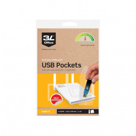 Kiletasku iseliimuv USB-mälule klapiga, 10tk pakis, 90x52mm, 3L Office/djois
