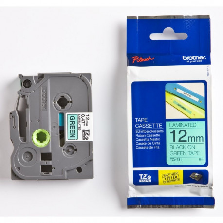 Brother TZe-731 tarralint, 12 mm x 8 m, must rohelisel taustal