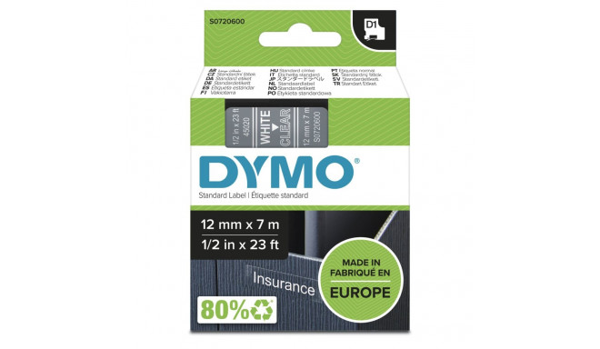 Dymo D1 teip 12 mm x 7 m, valge läbipaistval taustal