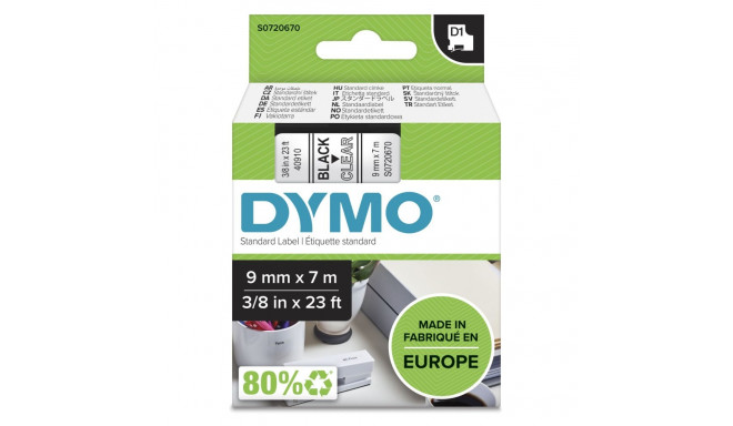 Dymo D1 teip 9 mm x 7 m, must läbipaistval alusel