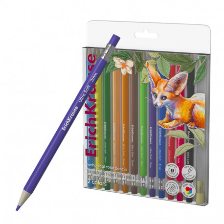 Hexagonical mechanical color pencils ErichKrause Safari 12 colors, 3 mm lead (in PET box with hanger