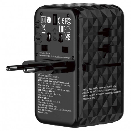Verbatim universaalne reisadapter GaN III UTA-10 32125 140W, ülemaailmne