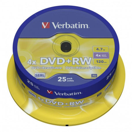 1x25 Verbatim DVD+RW 4,7GB 4x kiirus, matt hõbedane
