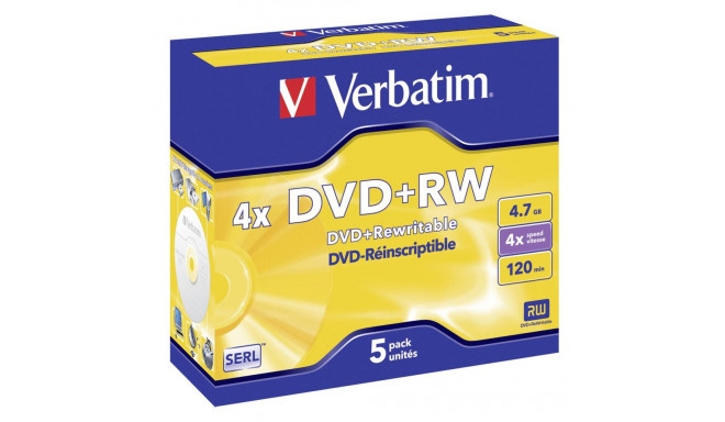 1x5 Verbatim DVD+RW 4,7GB 4x kiirus, matt hõbedane Jewel Case