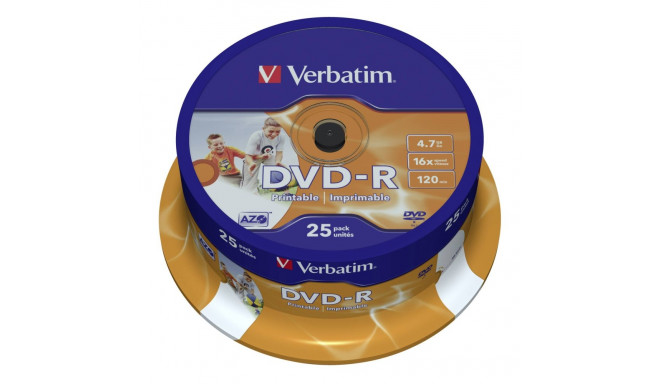 1x25 Verbatim DVD-R 4,7GB 16x kiirus, laialt prinditav