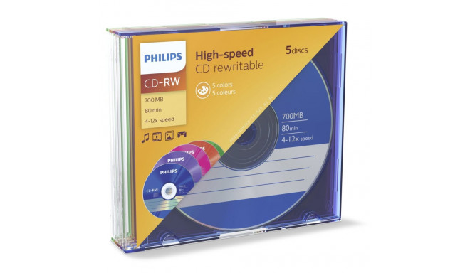 1x5 Philips CD-RW 80min 700MB 4-12x SL värviline