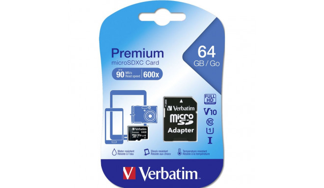 Verbatim microSDXC 64GB Class 10 UHS-I koos adapteriga 44084