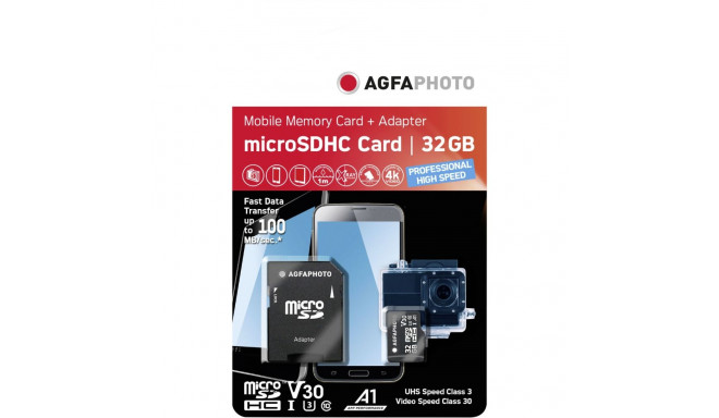 AgfaPhoto MicroSDHC UHS I 32GB prof. suure kiirusega U3 V30 A1