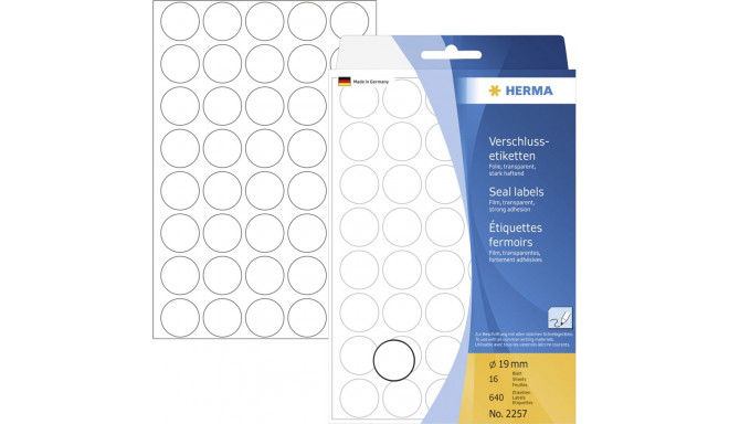 Herma ümara kujuga kinnitusetikett 19mm 16 lehte, 640 tükki, läbipaistev 2257