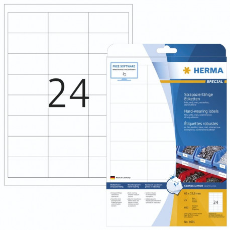 Herma vastupidavad sildid 66x33,8 25 lehte DIN A4 600 tk 4691
