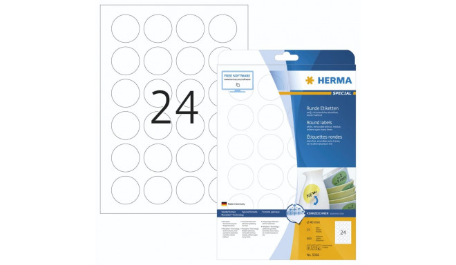 Herma Removable Round Labels  40 25 Sheets DIN A4 600 pcs. 5066