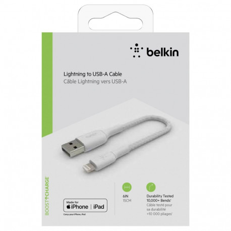 Belkin Lightning to USB-A kaabel 15cm, punutud, mfi sert, valge