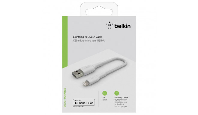 Belkin Lightning to USB-A kaabel 15cm, punutud, mfi sert, valge