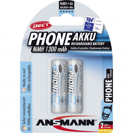 1x2 Ansmann maxE NiMH laetav aku Mignon AA 1300 mAh DECT telefon