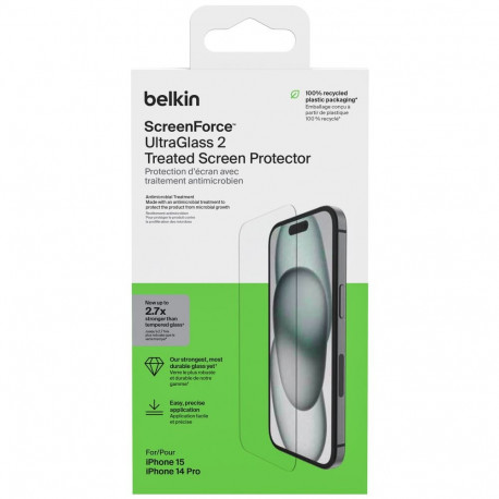 Belkin Screenforce UltraGlass2 antibakteriaalne iPhone 16/15/14Pro