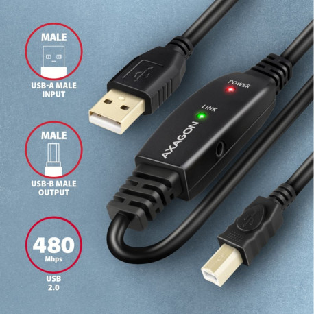 AXAGON USB repiiterkaabel, 10 m, ADR-210B, USB Type A - USB Type B
