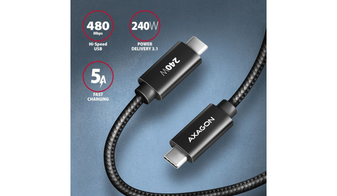 AXAGON andmeside- ja laadimiskaabel USB 480Mbps, 1 m | BUCM2-CM10AB | USB-C to USB-C