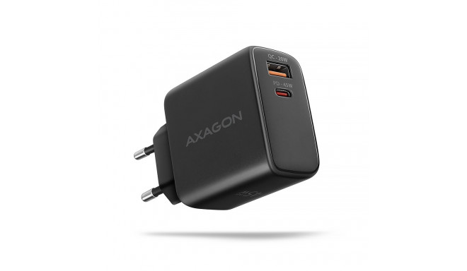 Axagon GaN seinalaadija 2x porti (USB-A + USB-C), PD3.0/PPS/QC4+/SFC2.0/AFC/SCP/FCP/Apple, 45W | ACU