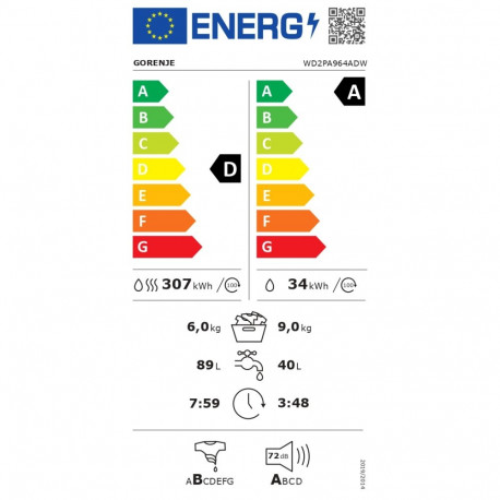 Gorenje pesumasin-kuivati WD2PA964ADW energiaklass A/D eeslaetav pesumaht 9kg 1400RPM sügavus 55cm l