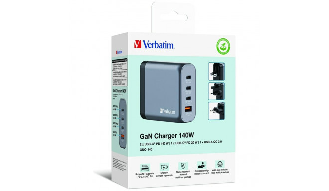 Verbatim GaN 140W seinalaadija 3xUSB-C/USB-A + EL/UK/US adapter GNC-140 32203