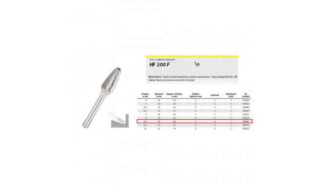 K.MILLING CUTTER WITH SINTERED CARBON.HF 100 F /9,6mm/987 HYPERBOLA FI=9,6x19mm,SHANK 6mm,TYPE RBF