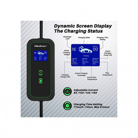 Qoltec Mobile EV Car Charger Adjustable 2in1 Type2 | 3.5kW | 230V | Wi-Fi | LCD | Portable | Wallbox