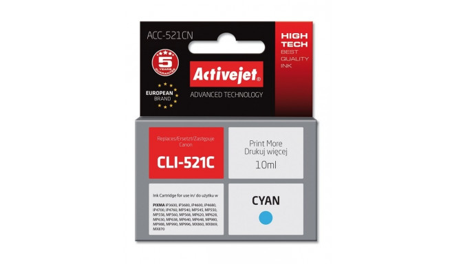 Activejet ACC-521CN tindikassett (asendus Canon CLI-521C; Supreme; 10 ml; tsüaan)